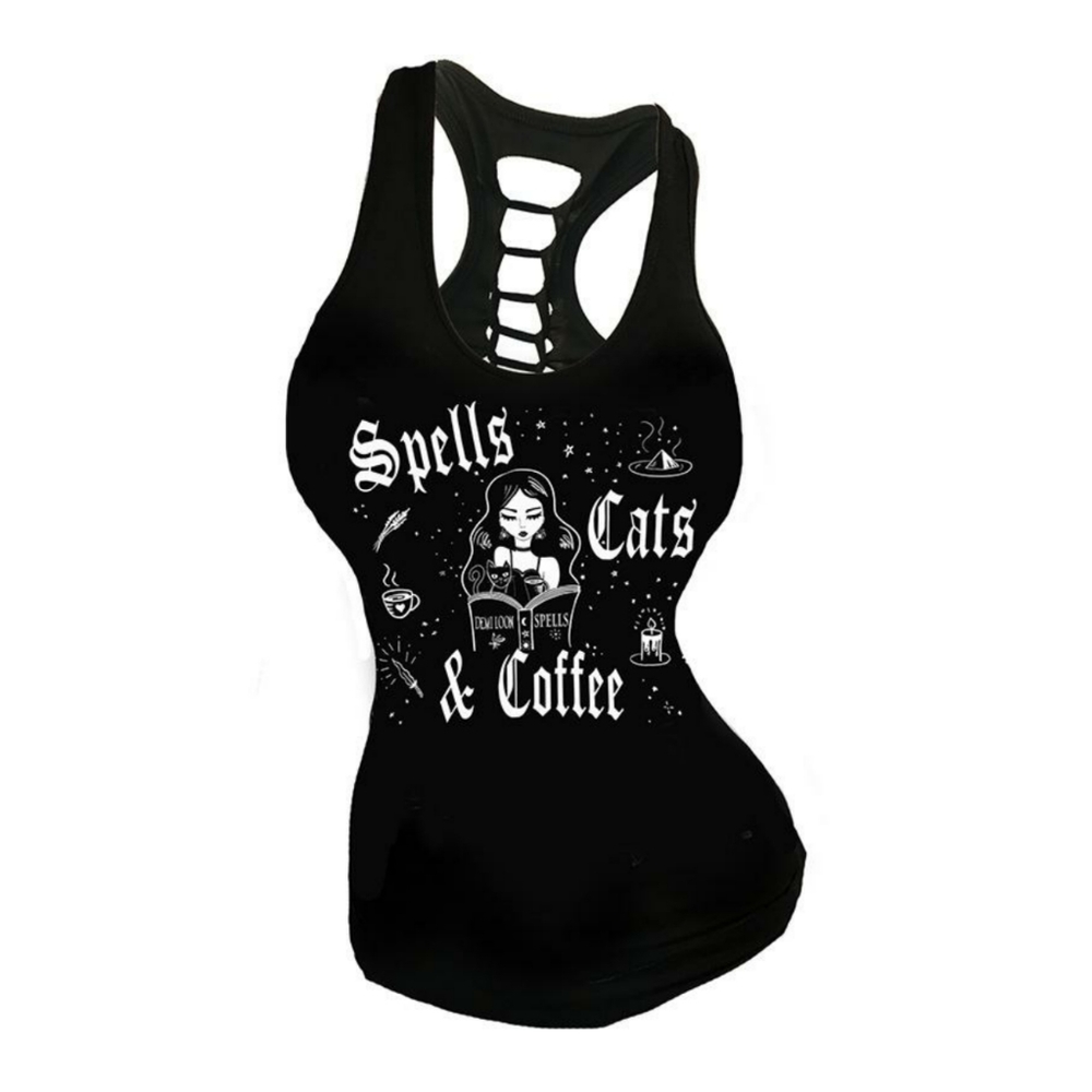 WOMEN'S SPELLS CATS & COFFEE SLASHED BACK TANK